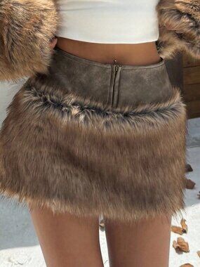 Brown Casual Women's Faux Fur Patchwork Skirt